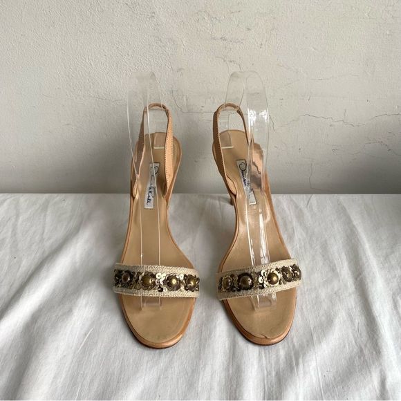 Oscar De La Renta Beaded Linen Sling Back Sandals Kitten Heels - Picture 2 of 14